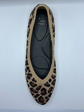 A New Day Leopard Knit Washable Pointed Ballet Flats Shoes Brown Size 11 NEW